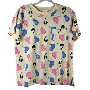 Simply Basic Cat Print Yellow Short Sleeve Pocket Tee Cute Graphic Top Size M